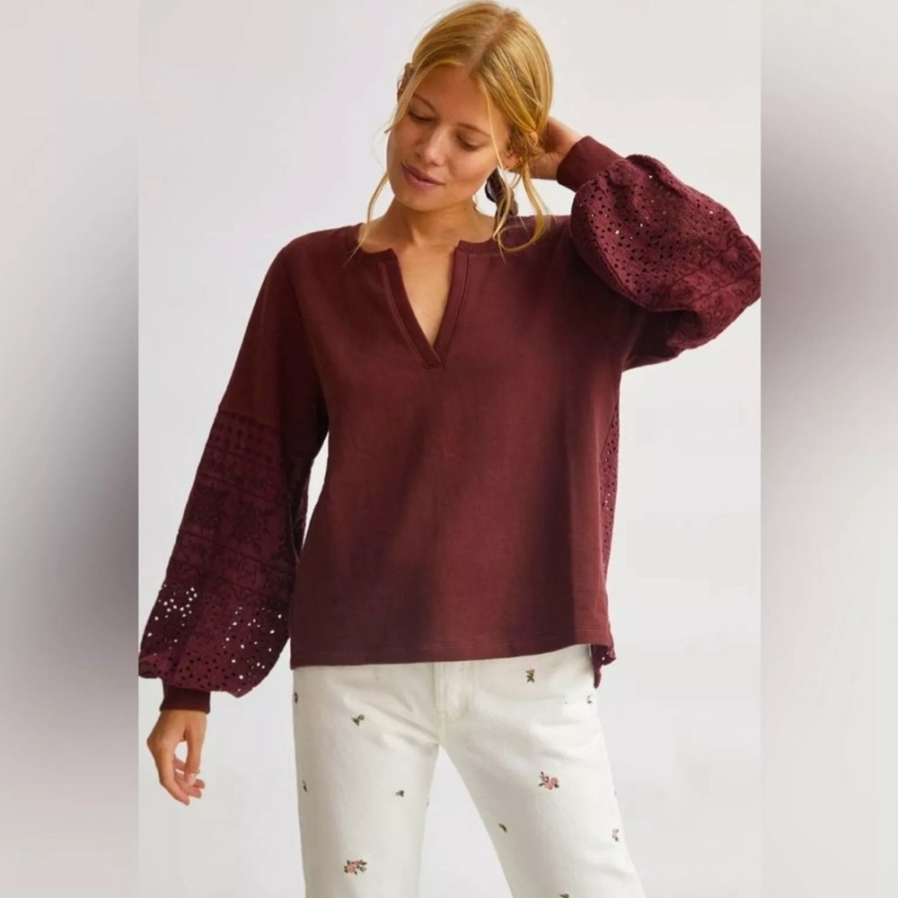 Anthropologie Plum Eyelet Yoke VNeck Pullover Sweatshirt Ballon Sleeve Top SMALL